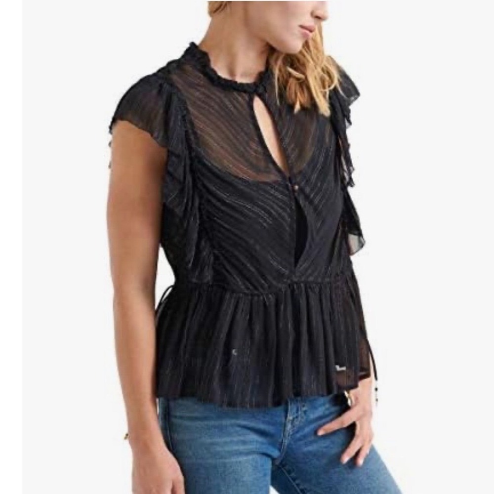 Lucky Brand Women Black Gold Stripe Ruffle Party Top 7W44900 Medium